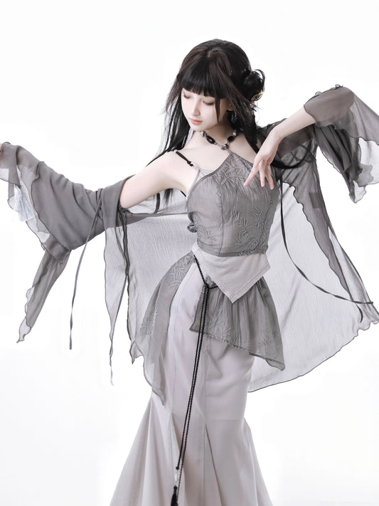 New Chinese Style Mix Slim Skirt Flocking Suit