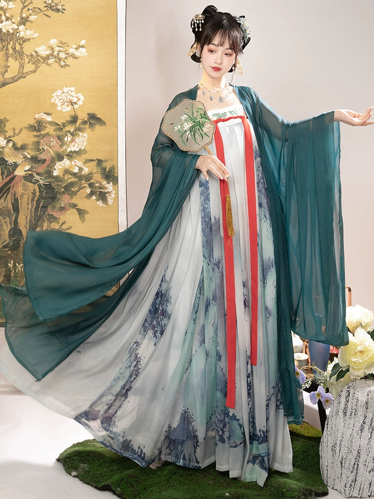 Tang Dynasty Original Hanfu women Green long sleeve shirt and chest skirt