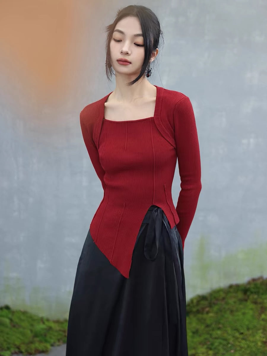 新しい中国スタイル |スーツ女性の早春セーターフェイクツーピースニットブラック & レッドトップ