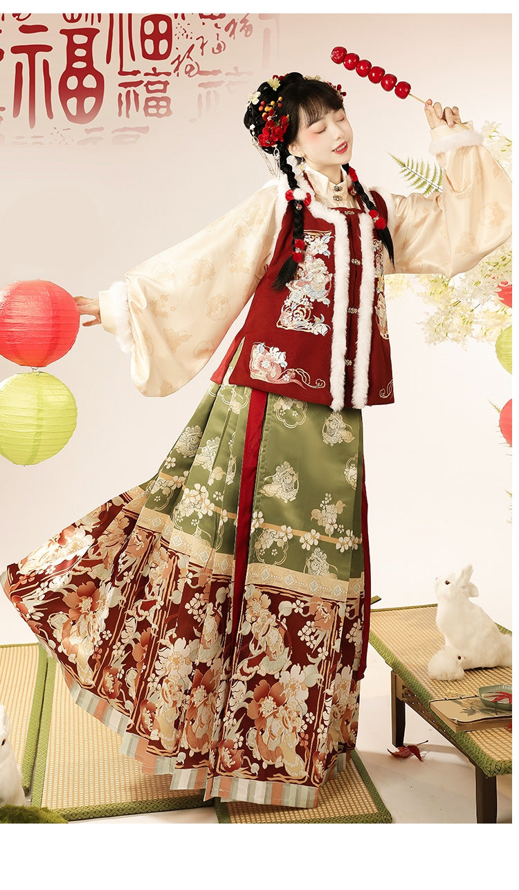 明朝のお祝いの赤いスパンコール付き漢服ケープ:冬のお祝いのための絶妙な中国スタイル