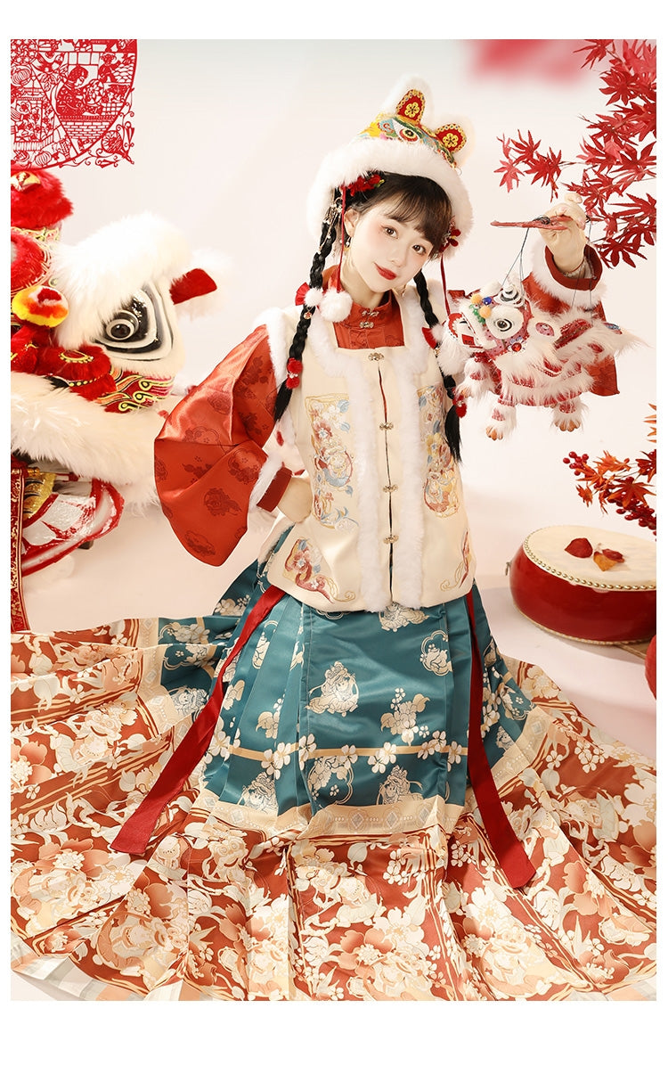 明朝のお祝いの赤いスパンコール付き漢服ケープ:冬のお祝いのための絶妙な中国スタイル