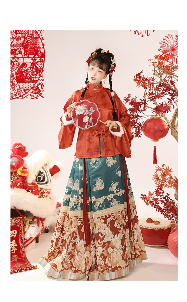 明朝のお祝いの赤いスパンコール付き漢服ケープ:冬のお祝いのための絶妙な中国スタイル