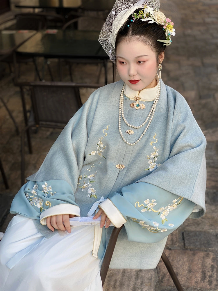 明代のプラスサイズのトップ プラスサイズのオリジナル漢服: 正方形のネックラインと半袖の秋冬のウールのトップ