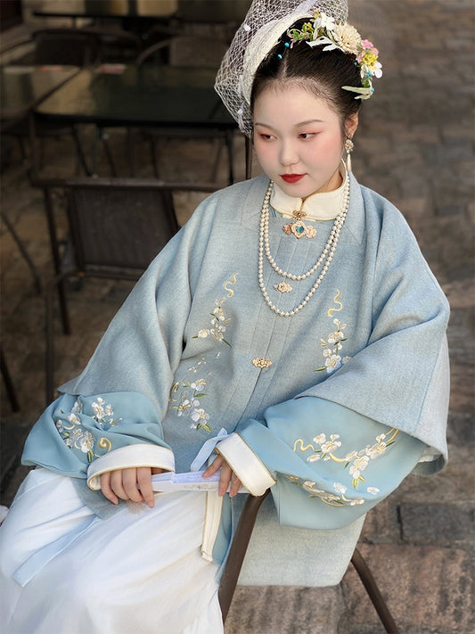 明代のプラスサイズのトップ プラスサイズのオリジナル漢服: 正方形のネックラインと半袖の秋冬のウールのトップ
