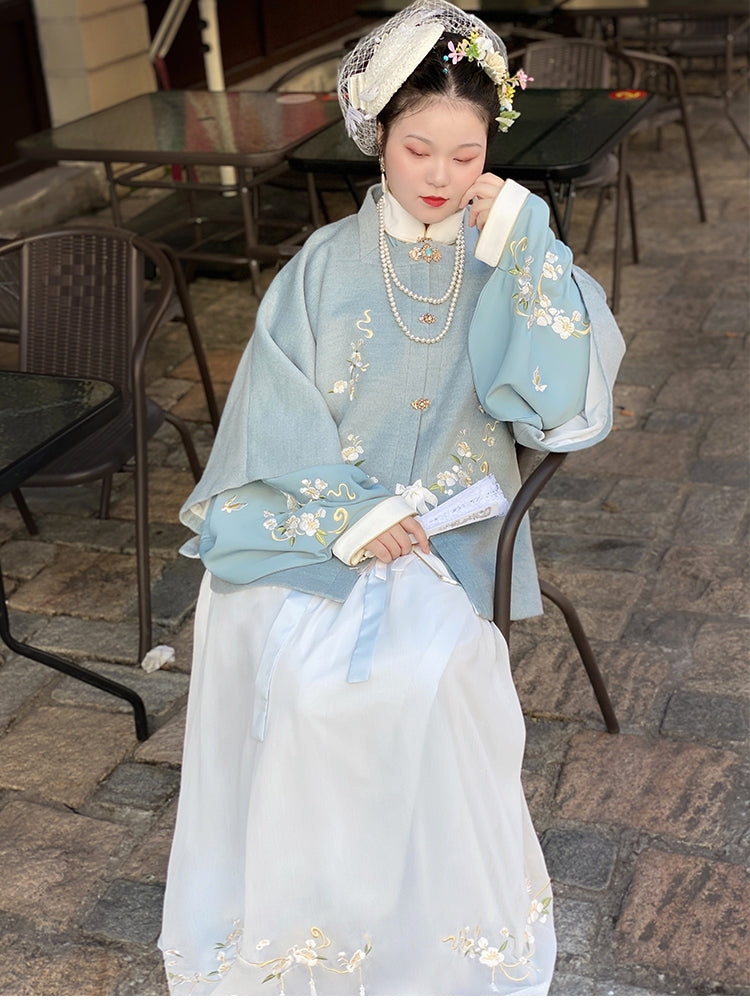 明代のプラスサイズのトップ プラスサイズのオリジナル漢服: 正方形のネックラインと半袖の秋冬のウールのトップ