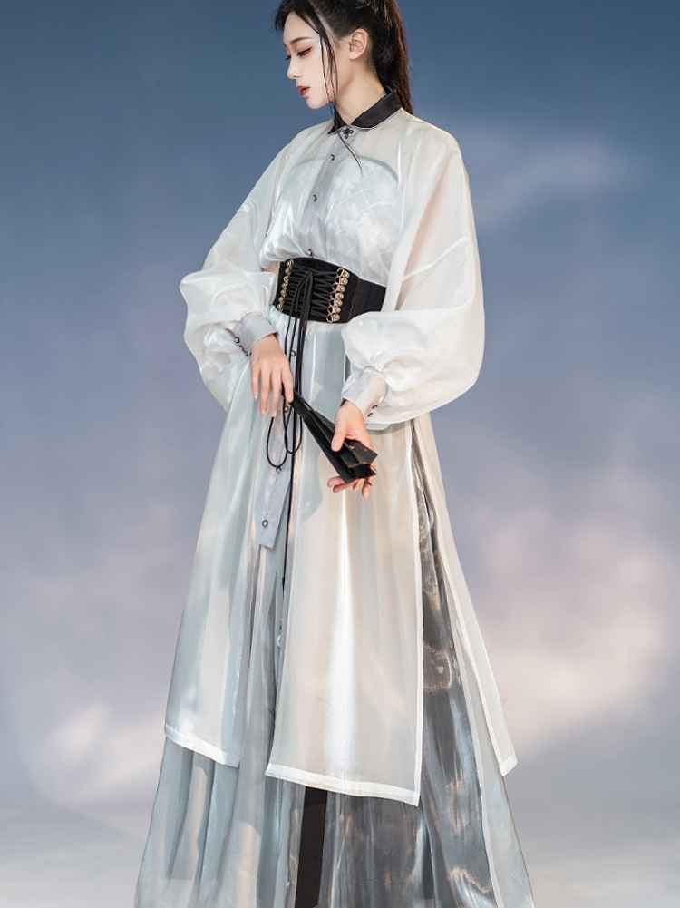 洗練された明朝風の漢服: オリジナルデザインのユニセックス軽量漢服、スタンドカラー付きで普段着に最適