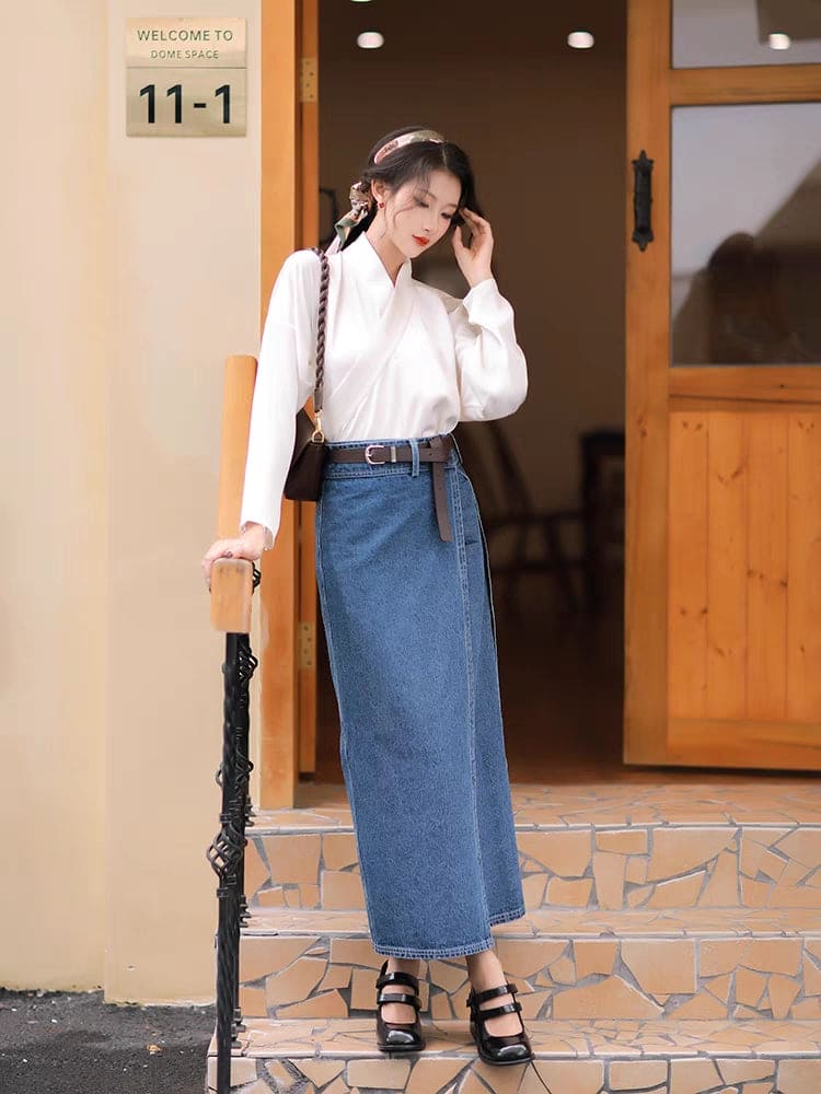 本物の宋代の漢服:細い袖とデニムのアクセントが付いたオリジナルデザインのハーフスカート