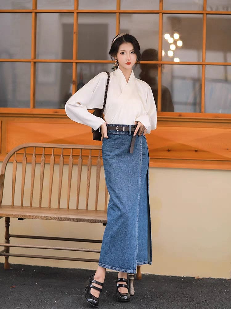 本物の宋代の漢服:細い袖とデニムのアクセントが付いたオリジナルデザインのハーフスカート
