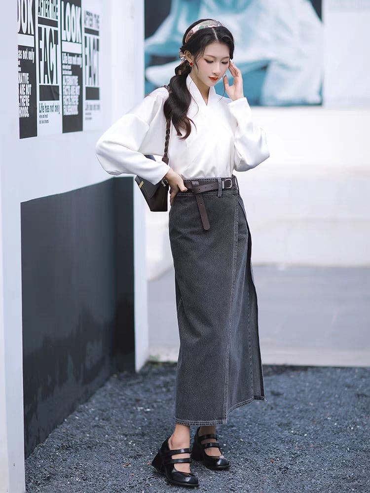 本物の宋代の漢服:細い袖とデニムのアクセントが付いたオリジナルデザインのハーフスカート
