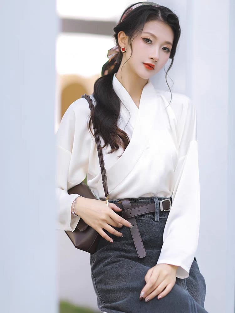 本物の宋代の漢服:細い袖とデニムのアクセントが付いたオリジナルデザインのハーフスカート