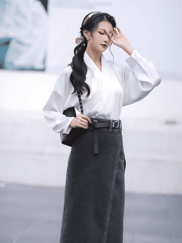 本物の宋代の漢服:細い袖とデニムのアクセントが付いたオリジナルデザインのハーフスカート