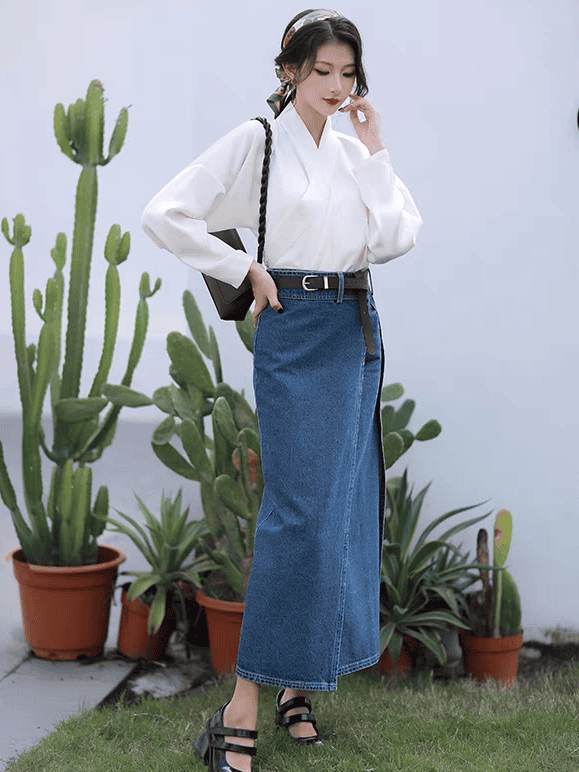 本物の宋代の漢服:細い袖とデニムのアクセントが付いたオリジナルデザインのハーフスカート