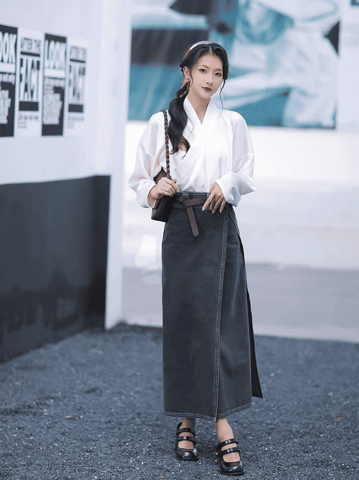 本物の宋代の漢服:細い袖とデニムのアクセントが付いたオリジナルデザインのハーフスカート