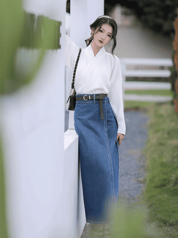 本物の宋代の漢服:細い袖とデニムのアクセントが付いたオリジナルデザインのハーフスカート