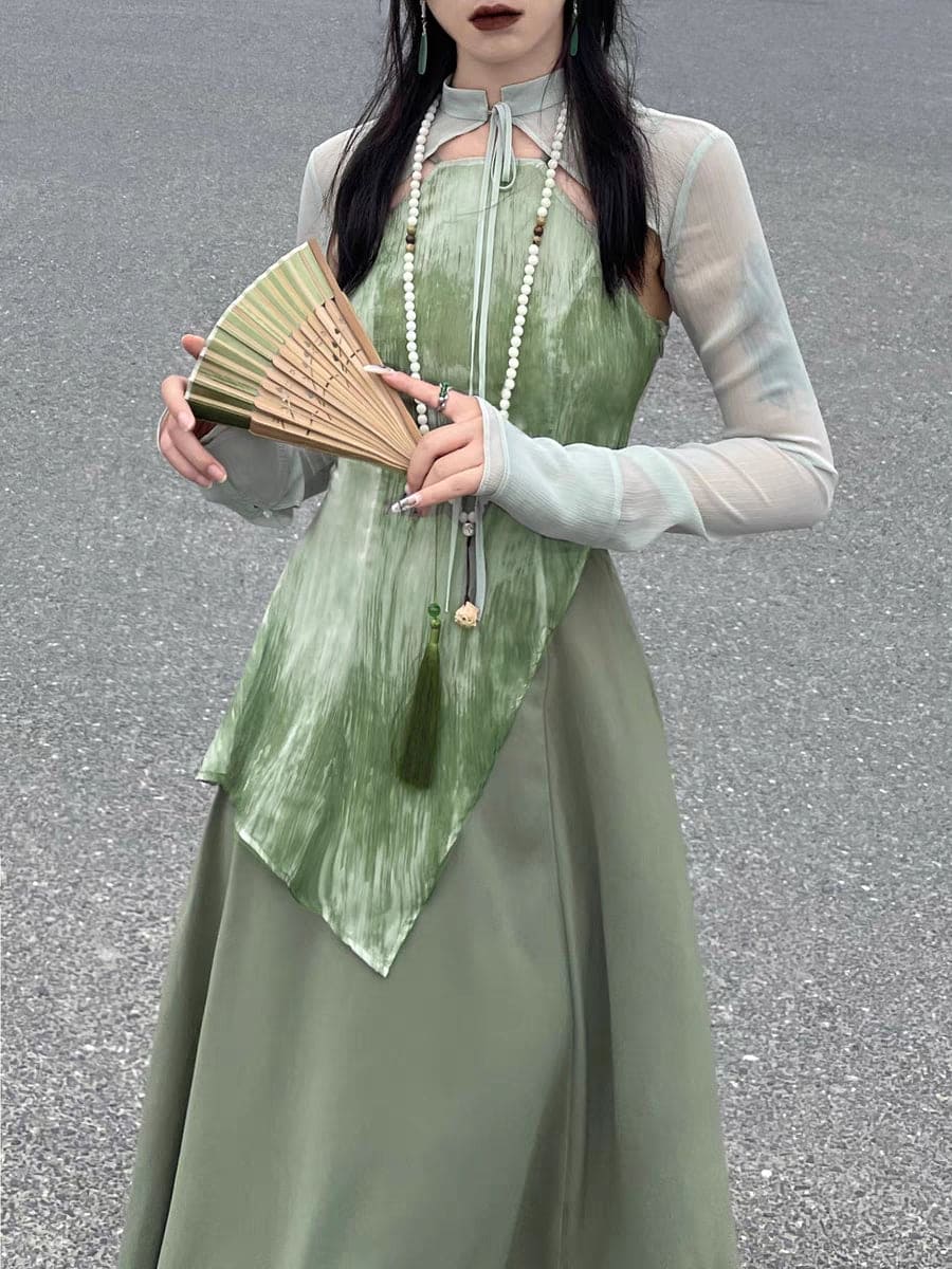 エレガントなチャイニーズスタイル:ホルタートップと春のハーフレングススカートを備えた女性用のクールで風通しの良いメッシュ日焼け止めセット