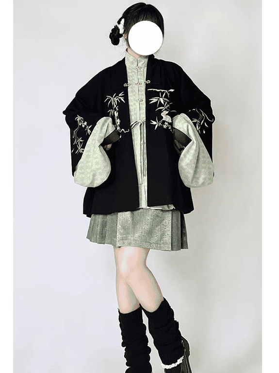 日常着: ウールの刺繍が施された明朝の漢服、半袖ショールと短い馬の顔のスカート