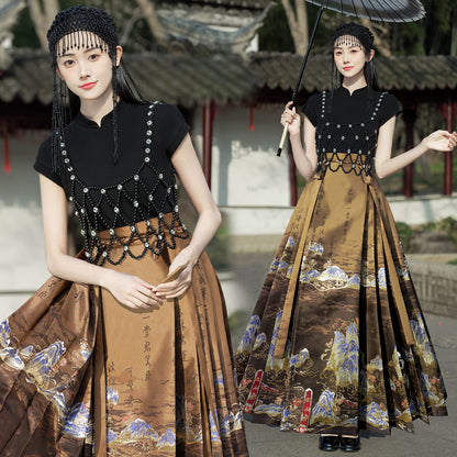 Horse Face High Waist Pleated Hanfu Qipao Cheongsam Dress Skirt, MaMianQun gifts for women 2024 #12138snow