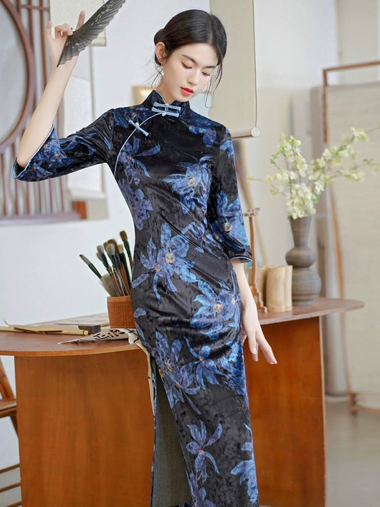 Vintage Long Velvet Hanfu Qipao Cheongsam Dress Skirt, gifts for women 2024