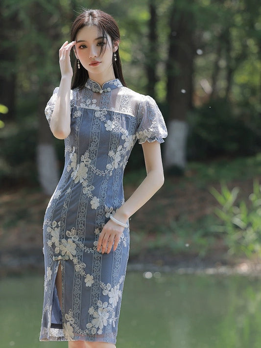 Youthful Blue Hanfu Qipao Cheongsam Dress Skirt, gifts for women 2024