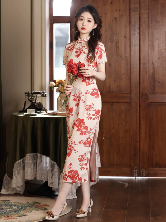 Red Floral Accents Hanfu Qipao Cheongsam Dress Skirt, gifts for women 2024