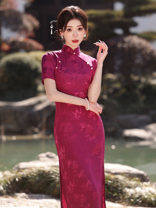 Deep Crimson Hanfu Qipao Cheongsam Dress Skirt, gifts for women 2024