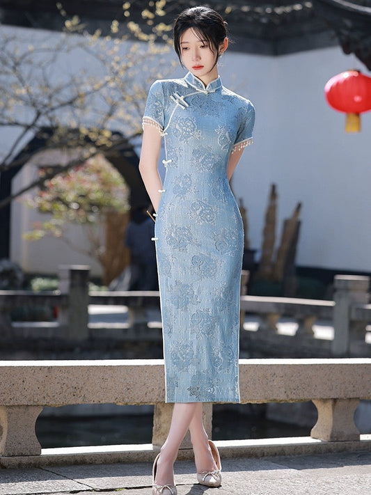 Blue Lace Hanfu Qipao Cheongsam Dress Skirt, gifts for women 2024