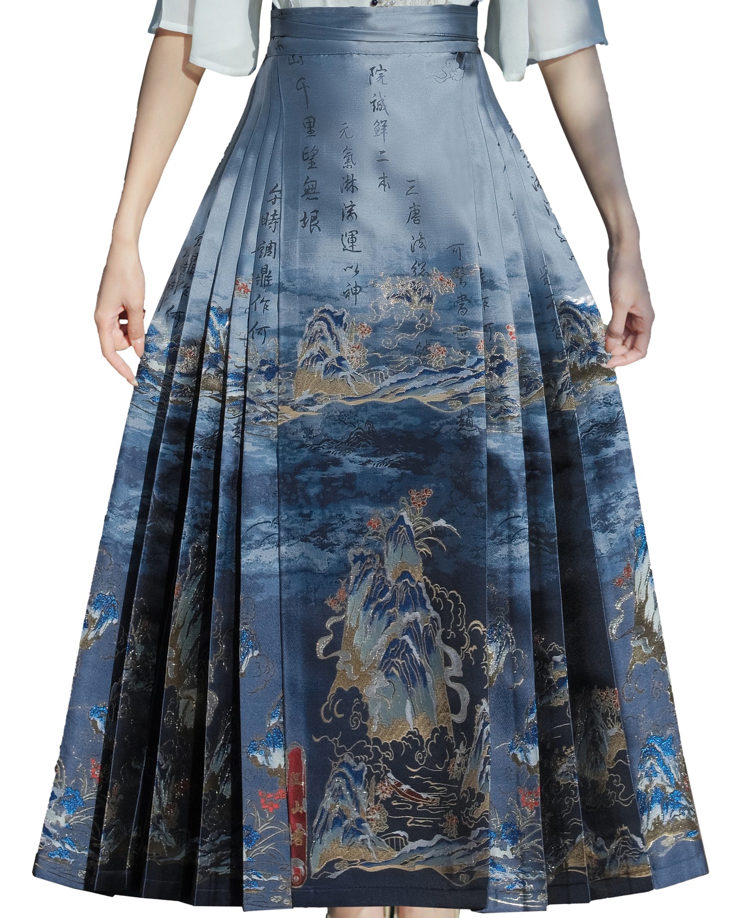 Women's Wrap Print Floral Pleated Maxi Swing Skirt with Tie Knot, High Waist A-Line Casual Shape, Chinese Vintage Hanfu #12138