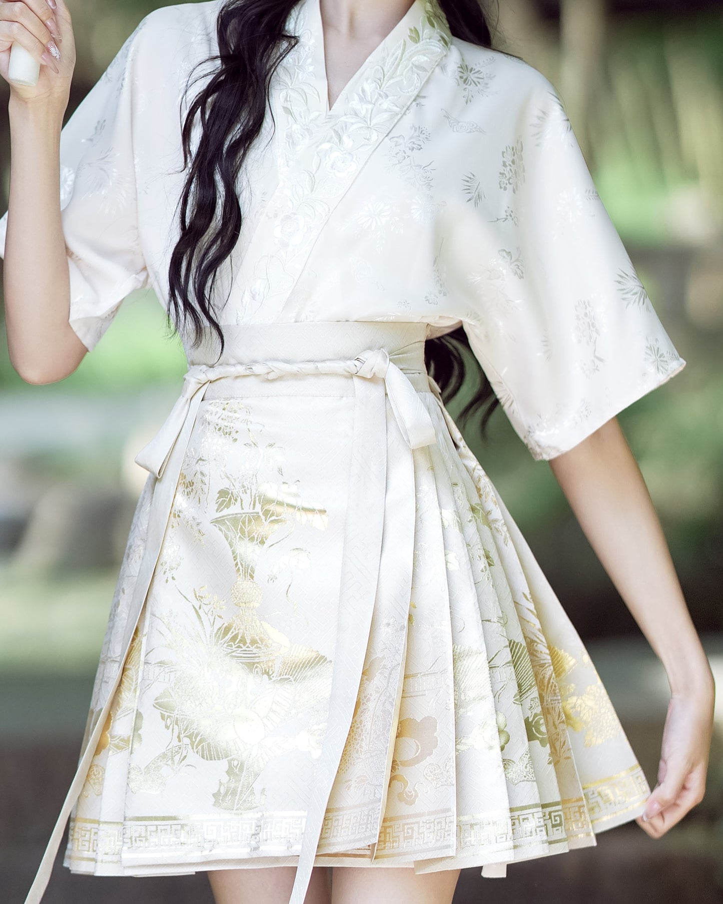 Women's Wrap Print Floral Pleated Short Swing Skirt with Tie Knot, High Waist A-Line Casual Shape, Chinese Vintage Hanfu #2367