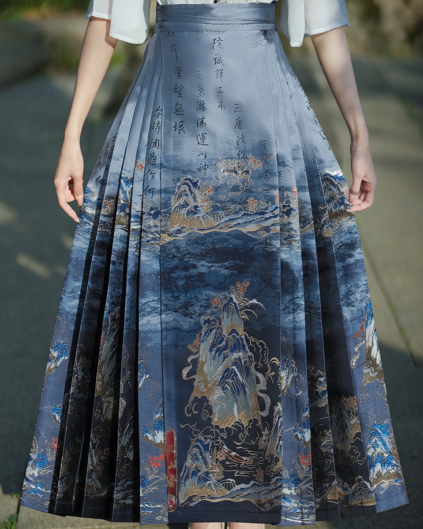 Women's Wrap Print Floral Pleated Maxi Swing Skirt with Tie Knot, High Waist A-Line Casual Shape, Chinese Vintage Hanfu #12138