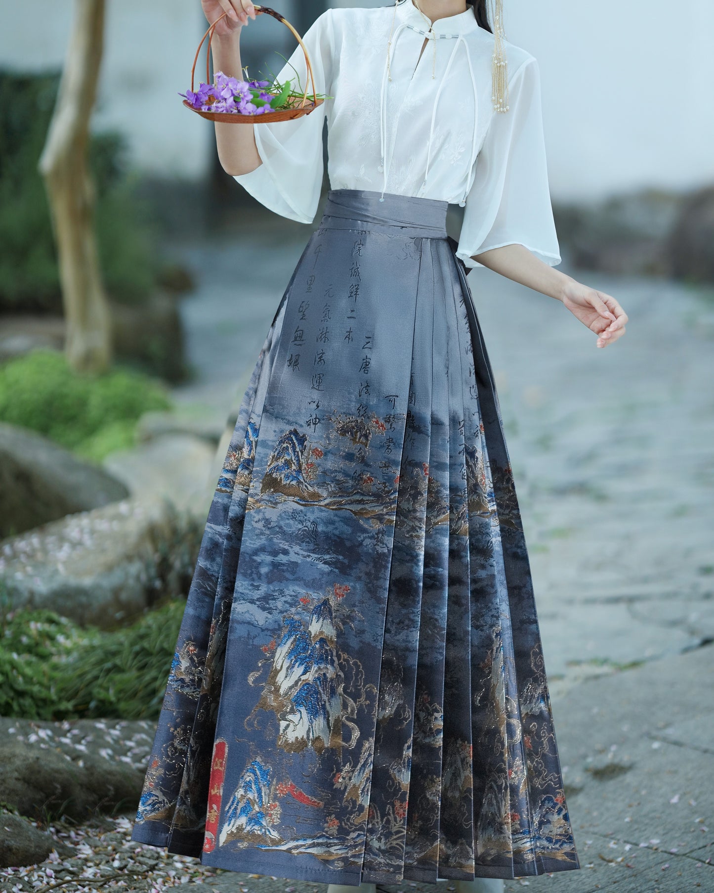 Women's Wrap Print Floral Pleated Maxi Swing Skirt with Tie Knot, High Waist A-Line Casual Shape, Chinese Vintage Hanfu #12138