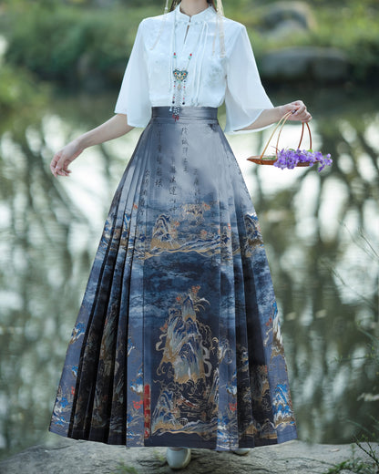 Women's Wrap Print Floral Pleated Maxi Swing Skirt with Tie Knot, High Waist A-Line Casual Shape, Chinese Vintage Hanfu #12138