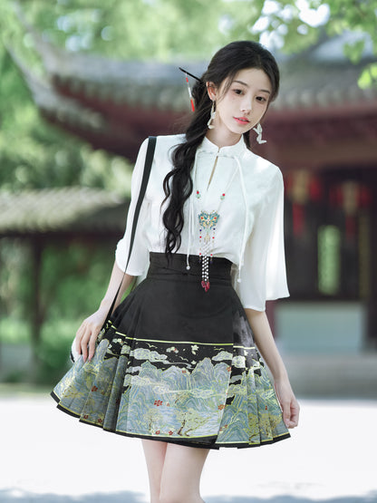 Women's Wrap Print Floral Pleated Maxi Swing Skirt with Tie Knot, High Waist A-Line Casual Shape, Chinese Vintage Hanfu #2363