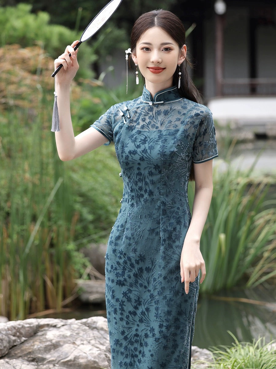 Floral Velvet Hanfu Qipao Cheongsam Dress Skirt, gifts for women 2024