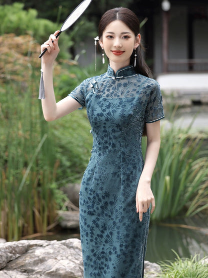 Floral Velvet Hanfu Qipao Cheongsam Dress Skirt, gifts for women 2024