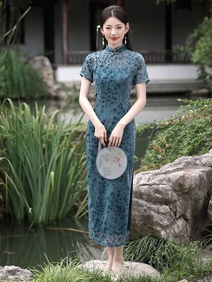 Floral Velvet Hanfu Qipao Cheongsam Dress Skirt, gifts for women 2024