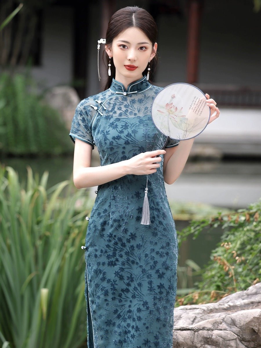 Floral Velvet Hanfu Qipao Cheongsam Dress Skirt, gifts for women 2024