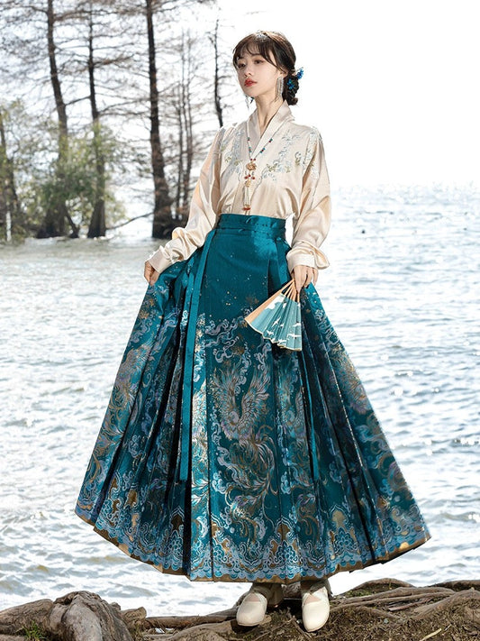 Elegant Spring and Autumn Ensemble: Original Hanfu Set with Golden Horse-Face Skirt and Flying Sleeves