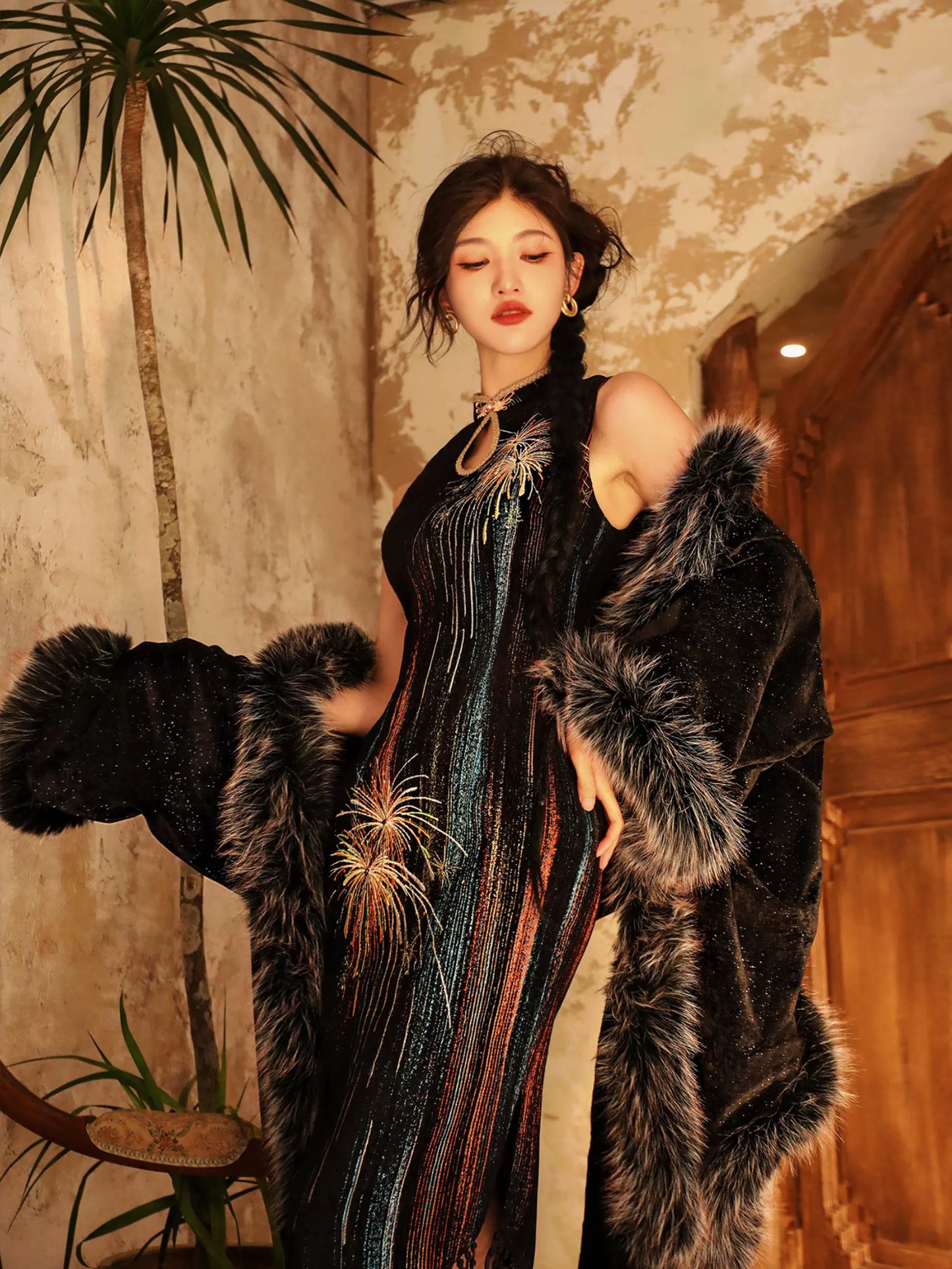 New Chinese Style Velvet Silk Cheongsam Winter Coat