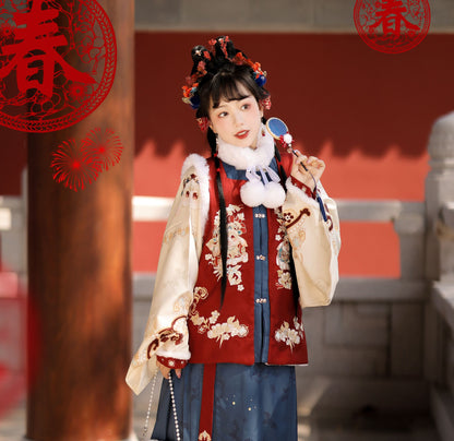 Chinese New Year Hanfu Women's Ming Dynasty Square Neck Embroidered Bijia Horse Face Skirt Winter Plush Dress