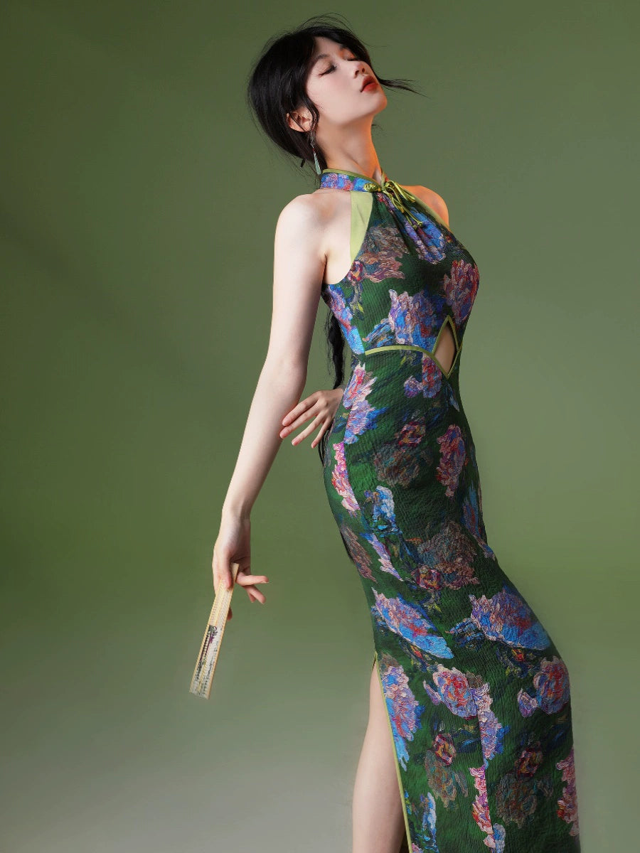 New Chinese Style Velvet Silk Cheongsam Qipao Flowers City