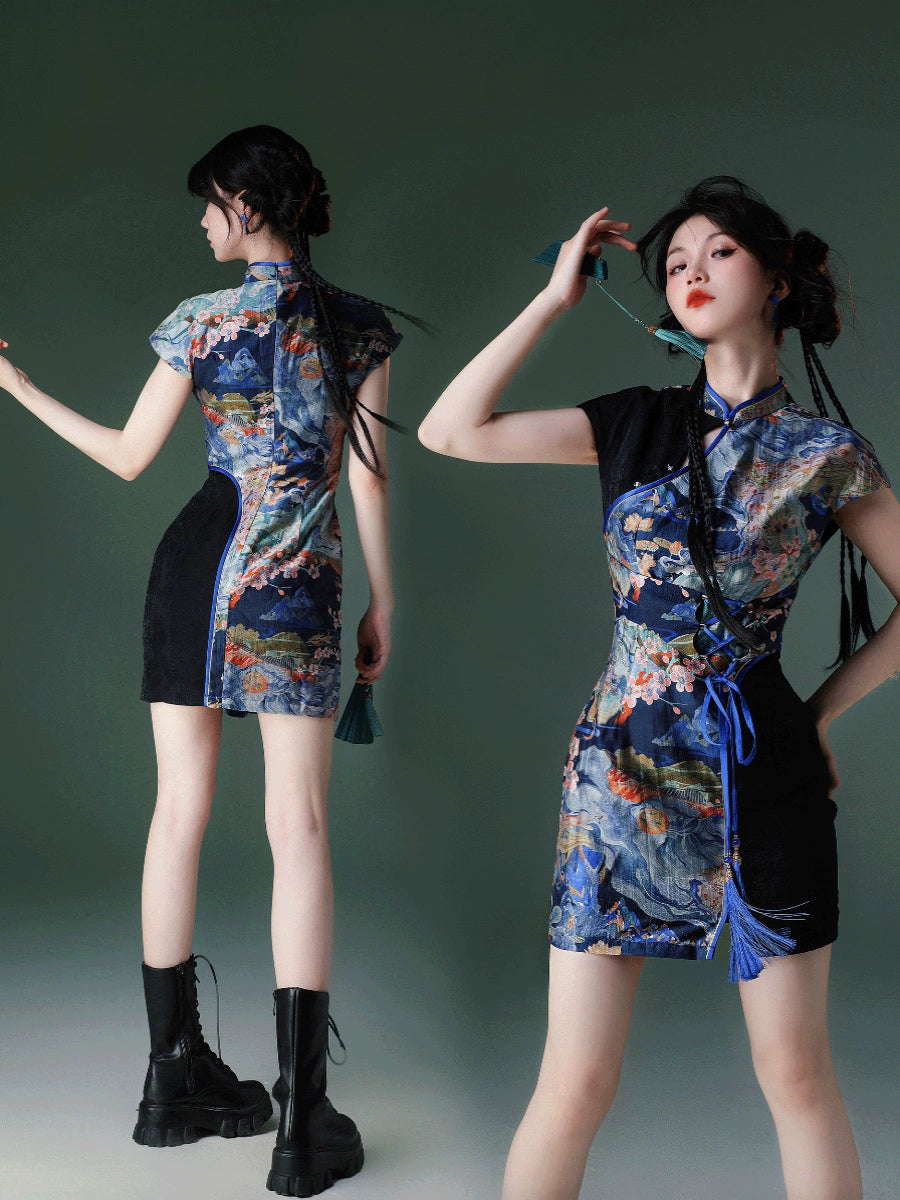 New Chinese Style Velvet Silk Cheongsam Qipao Rising Tide