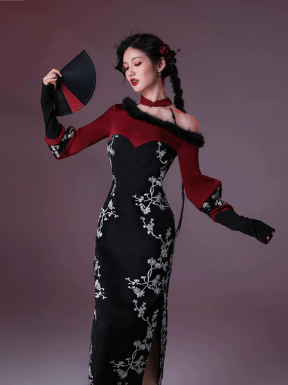 New Chinese Style Velvet Silk Cheongsam Qipao Red Lips