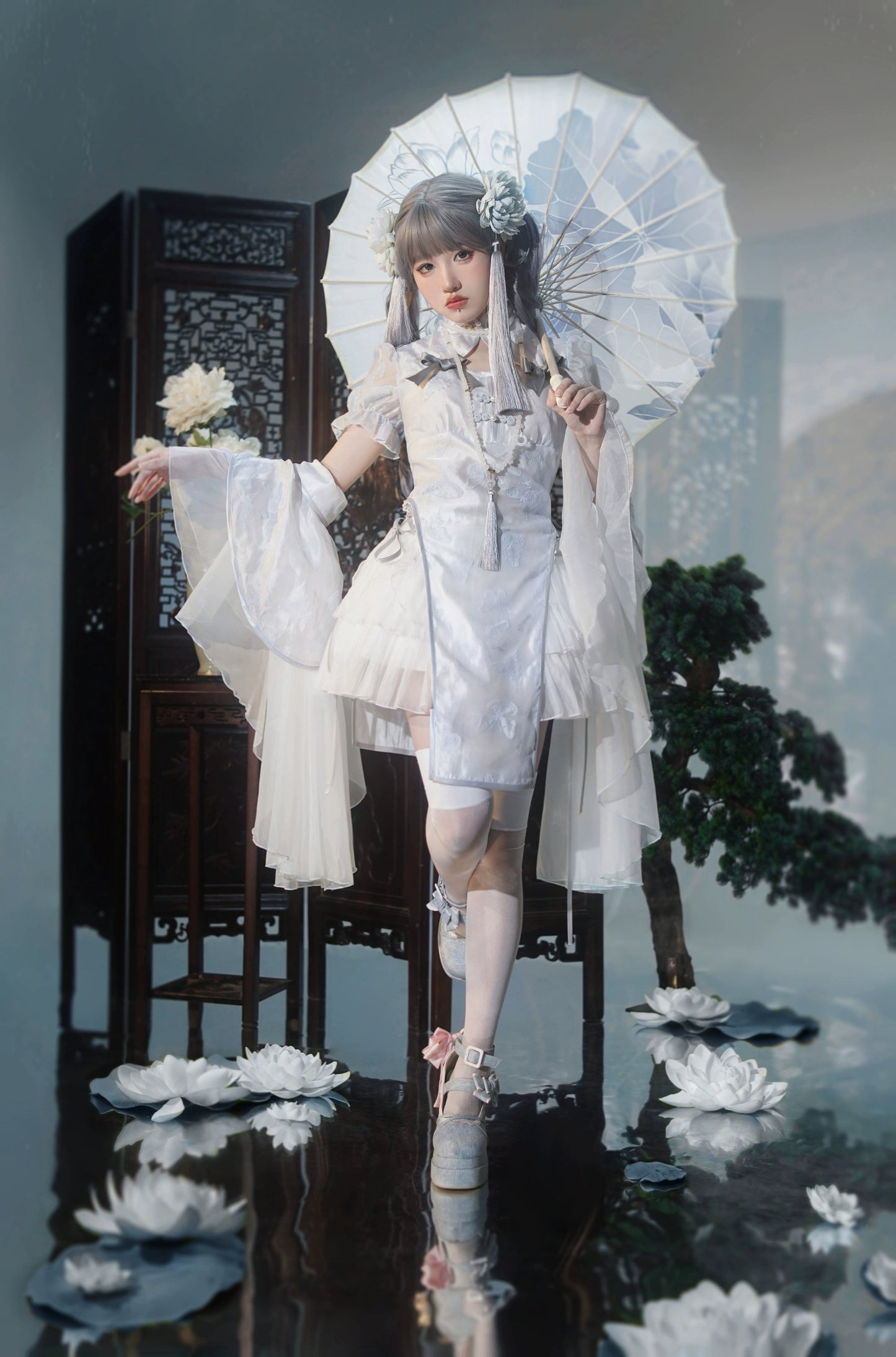 New Chinese Style Lolita Blue Gray Qipao