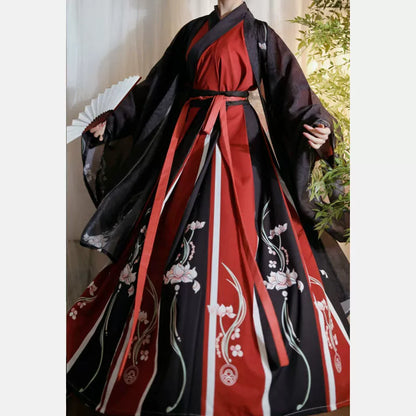 Men'S Hanfu Wei-Jin Style Black Red Long Sleeve Shirt