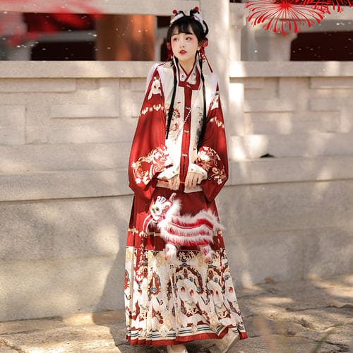 Chinese New Year Hanfu Women's Ming Dynasty Square Neck Embroidered Bijia Horse Face Skirt Winter Plush Dress