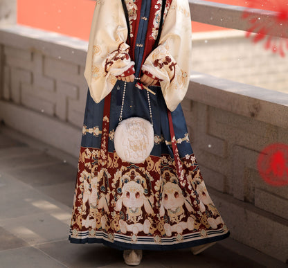 Chinese New Year Hanfu Women's Ming Dynasty Square Neck Embroidered Bijia Horse Face Skirt Winter Plush Dress