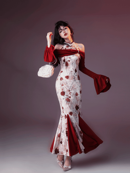 New Chinese Style Velvet Silk Cheongsam Qipao Wine Roses