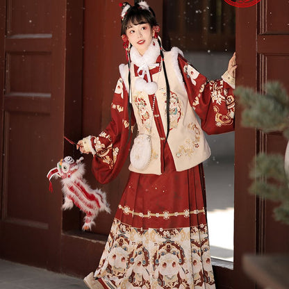 Chinese New Year Hanfu Women's Ming Dynasty Square Neck Embroidered Bijia Horse Face Skirt Winter Plush Dress