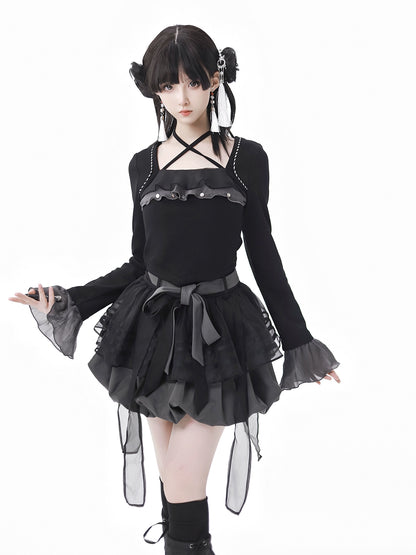 New Chinese Style Mix Slim Skirt Black Salt Suit