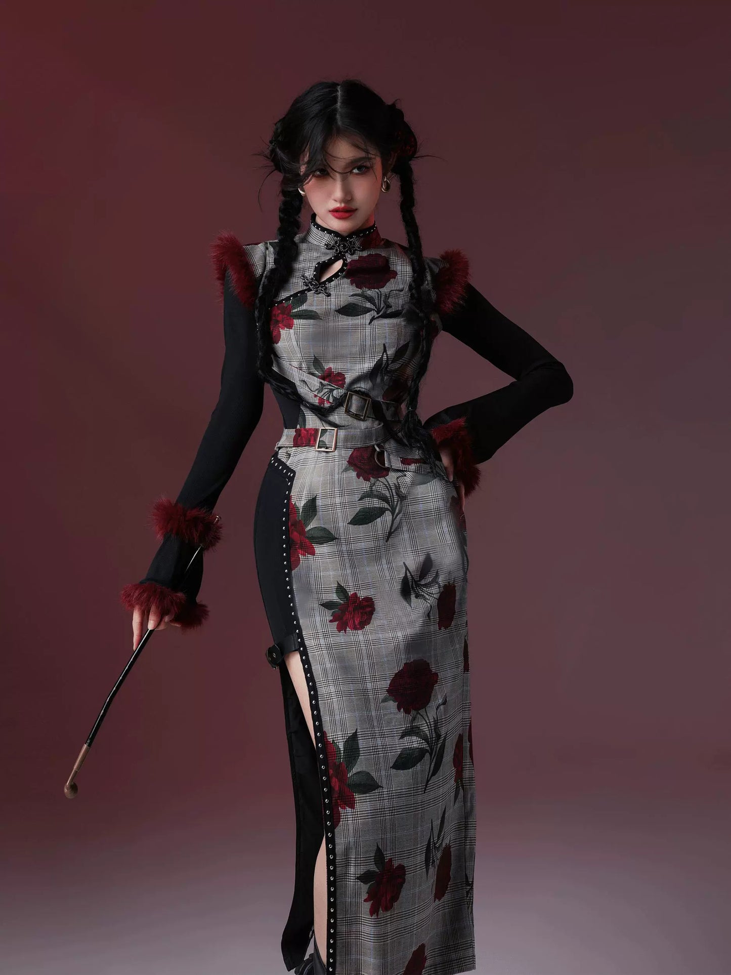 New Chinese Style Velvet Silk Cheongsam Qipao Roses Guns